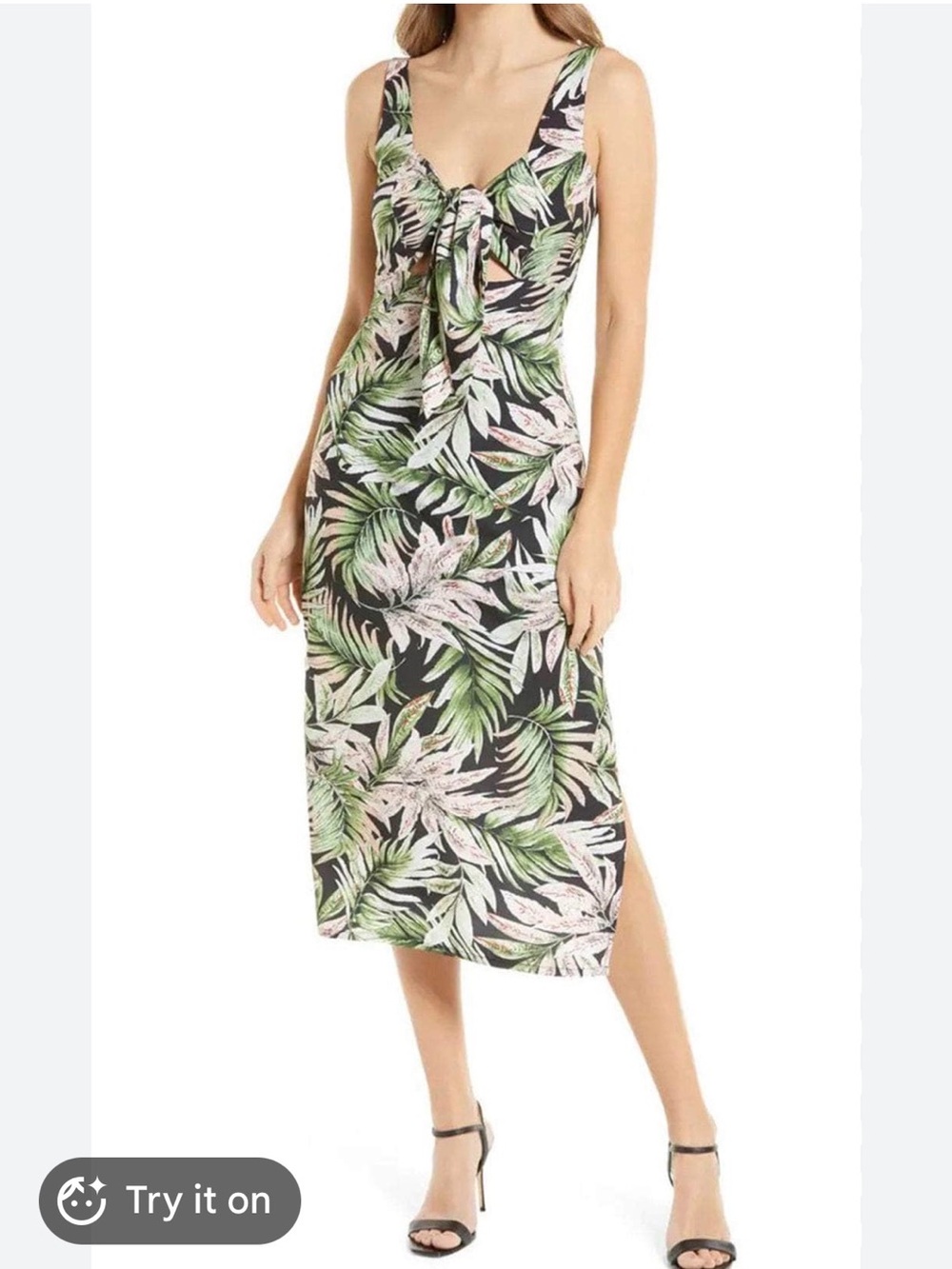 Sam Edelman Black Tropical Leaf Tie-Front Midi Dress